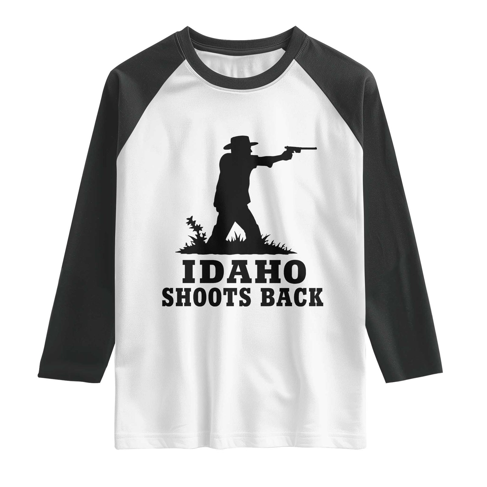 Idaho Shoots Back Minimalist Gunslinger Silhouette State Pride Graphic Raglan Shirt TS02 White Black Print Your Wear