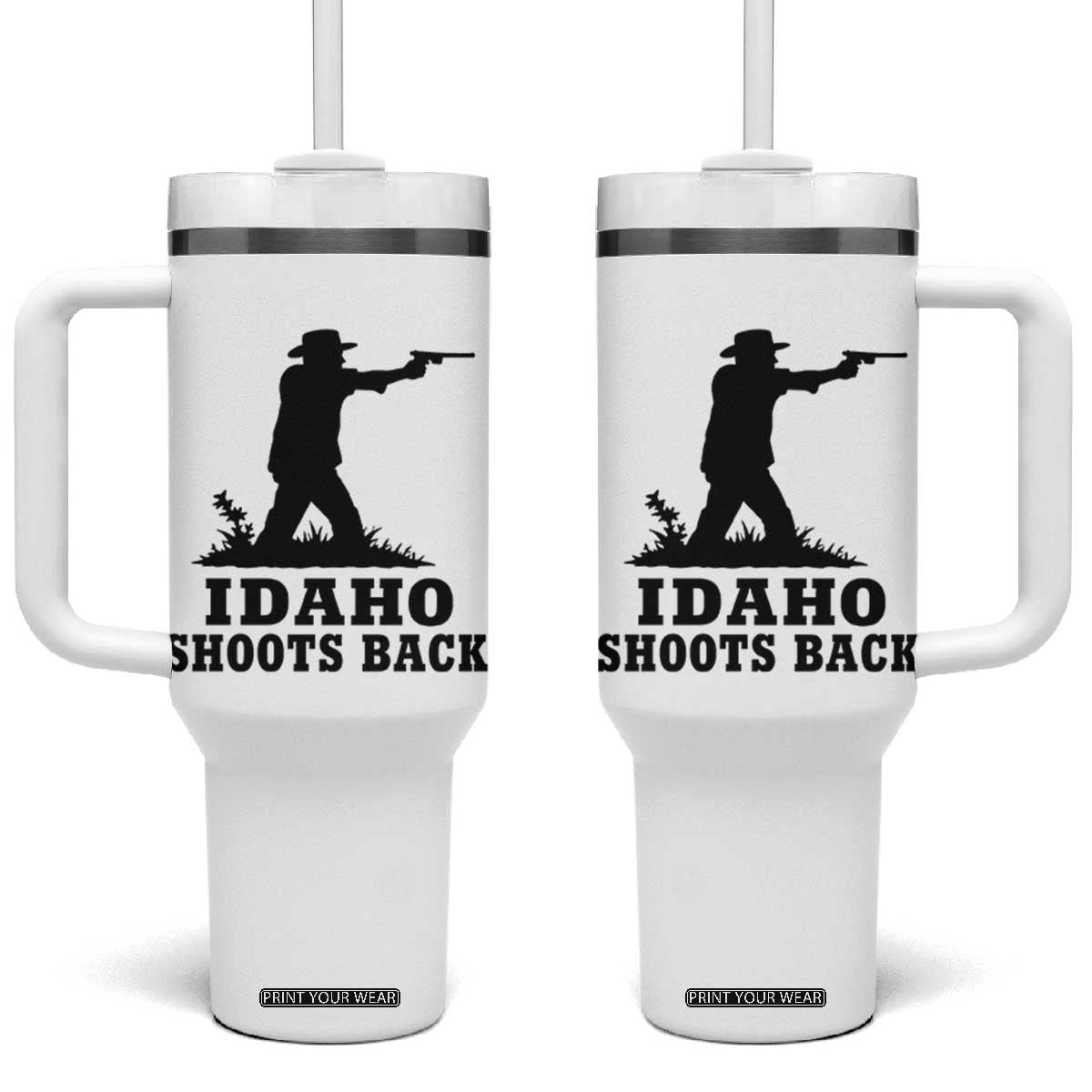 Idaho Shoots Back Minimalist Gunslinger Silhouette State Pride Graphic Tumbler With Handle TS02 One Size: 40 oz White Print Your Wear