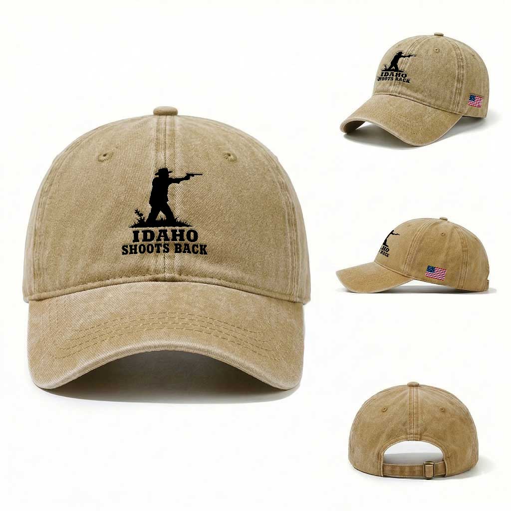 Idaho Shoots Back Minimalist Gunslinger Silhouette State Pride Graphic Washed Cotton Baseball Cap