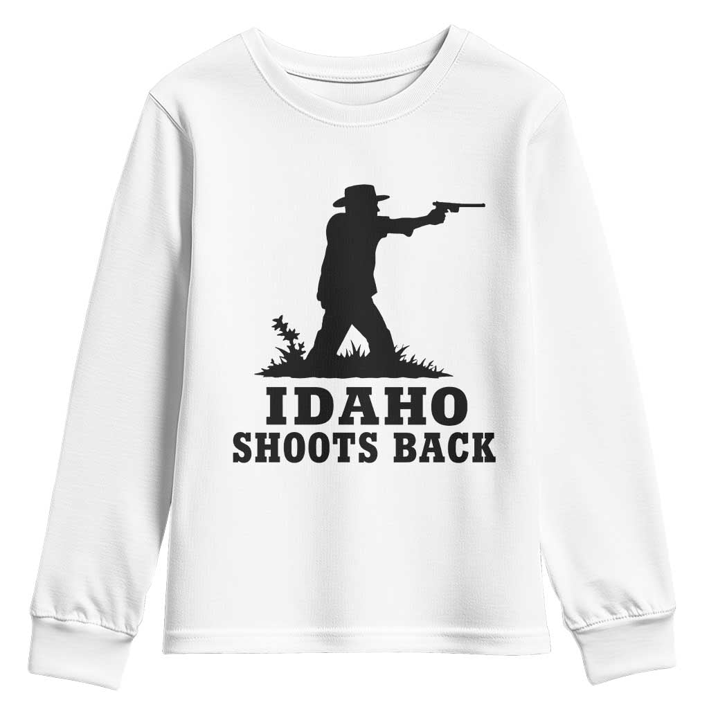 Idaho Shoots Back Minimalist Gunslinger Silhouette State Pride Graphic Youth Sweatshirt TS02 White Print Your Wear