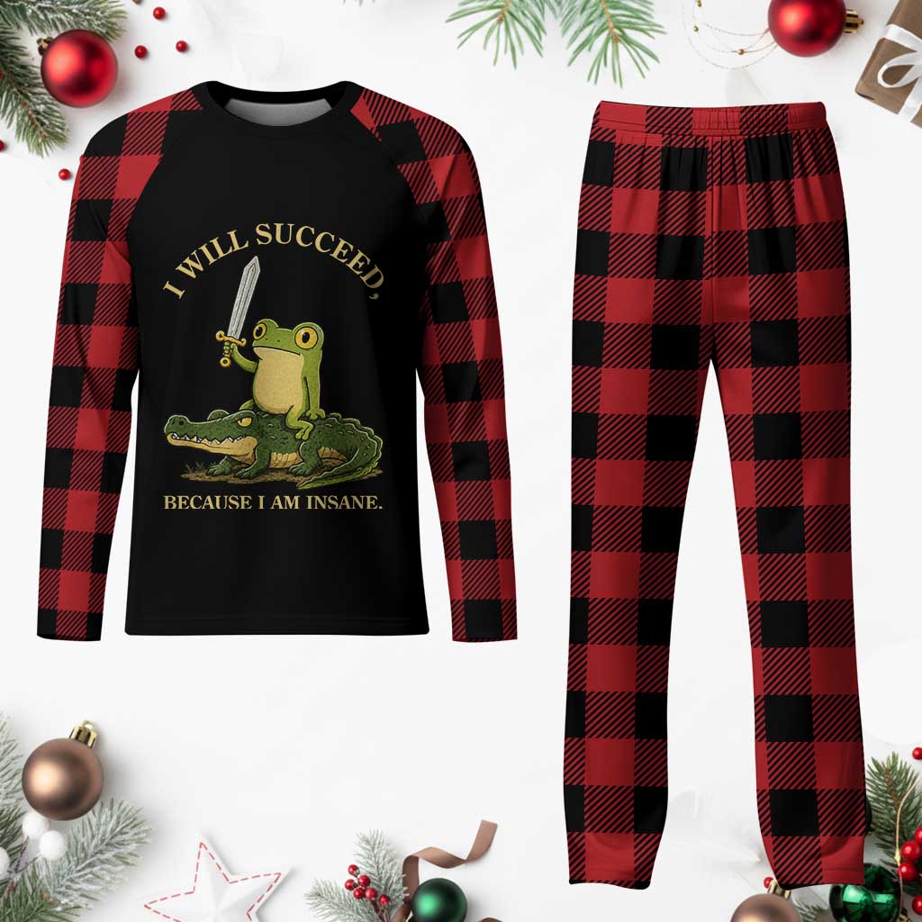 Retro Goblincore Sword Frog Riding Alligator Meme Plaid Pajama Set I Will Succeed Because I Am Insane Chaotic Motivation TS02 Buffalo Plaid Print Your Wear