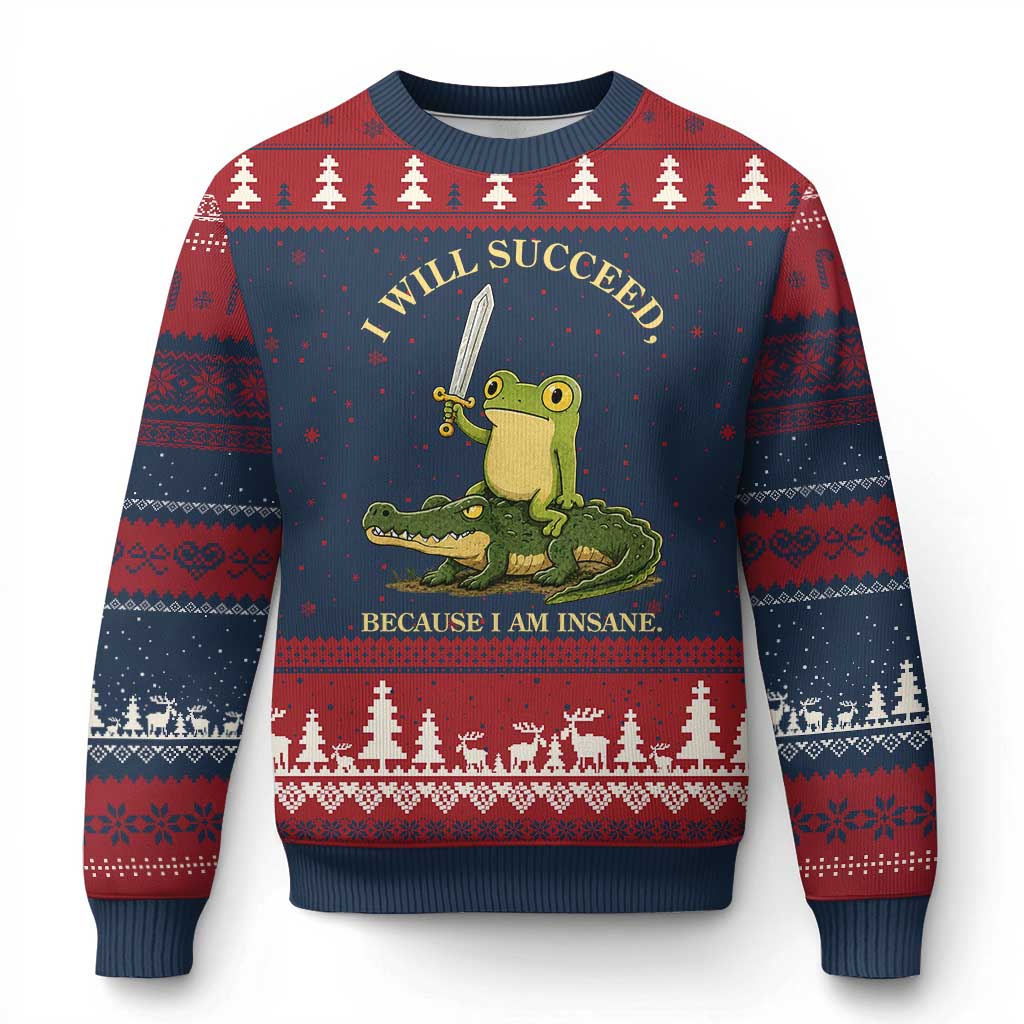 Retro Goblincore Sword Frog Riding Alligator Meme Ugly Christmas Sweater I Will Succeed Because I Am Insane Chaotic Motivation TS02 Navy Red Print Your Wear