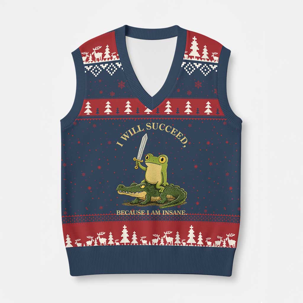 Retro Goblincore Sword Frog Riding Alligator Meme V-Neck Knit Sweater Vest I Will Succeed Because I Am Insane Chaotic Motivation TS02 Navy Red Print Your Wear
