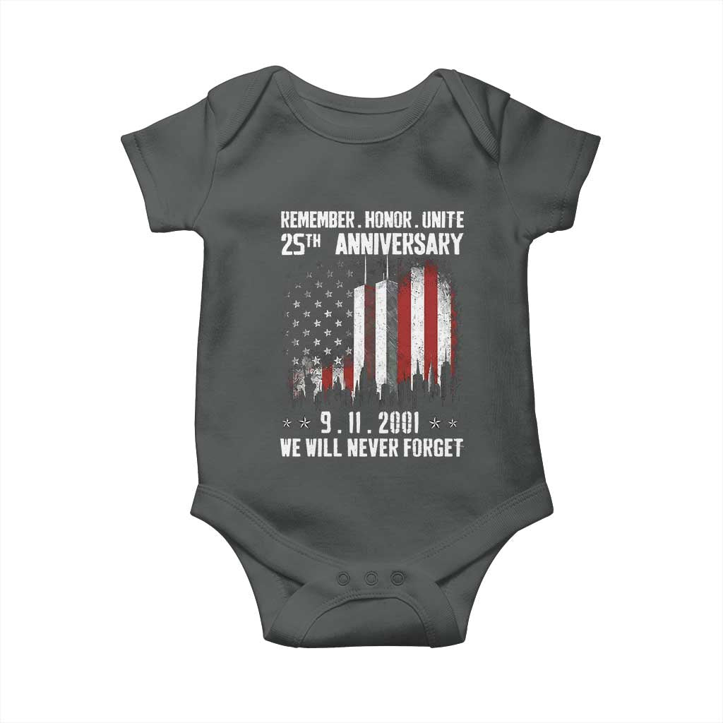 Remember Honor Unite 9 11 Memorial 25th Anniversary Baby Onesie We Will Never Forget Patriotic American Flag