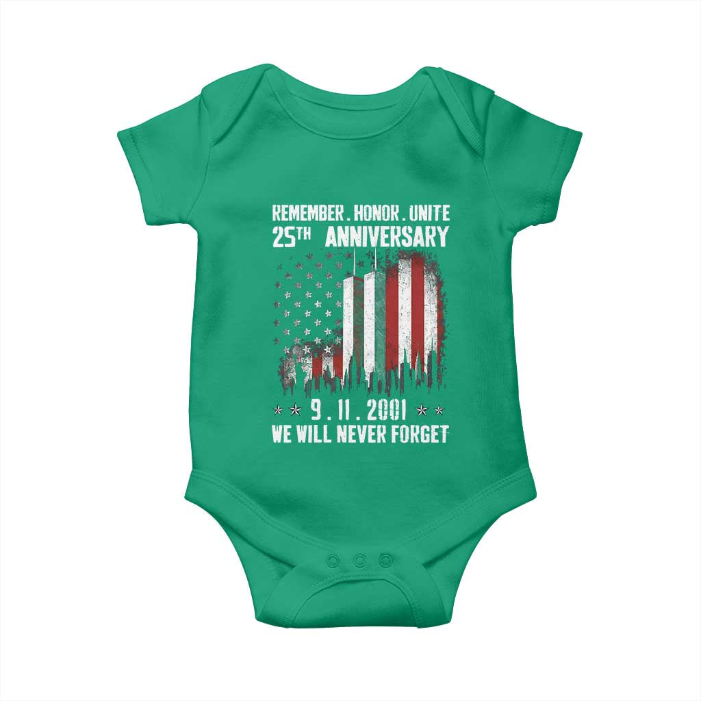 Remember Honor Unite 9 11 Memorial 25th Anniversary Baby Onesie We Will Never Forget Patriotic American Flag