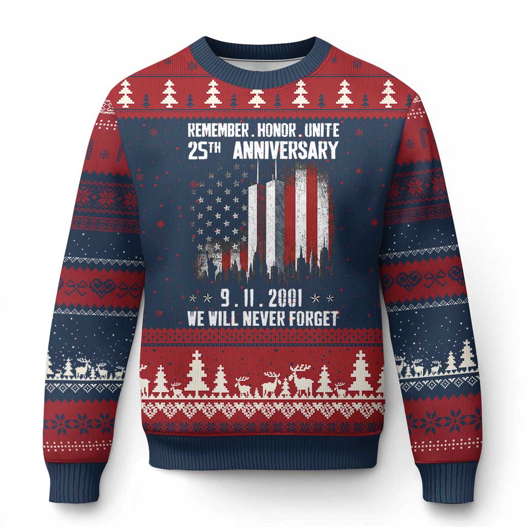 Remember Honor Unite 9 11 Memorial 25th Anniversary Ugly Christmas Sweater We Will Never Forget Patriotic American Flag