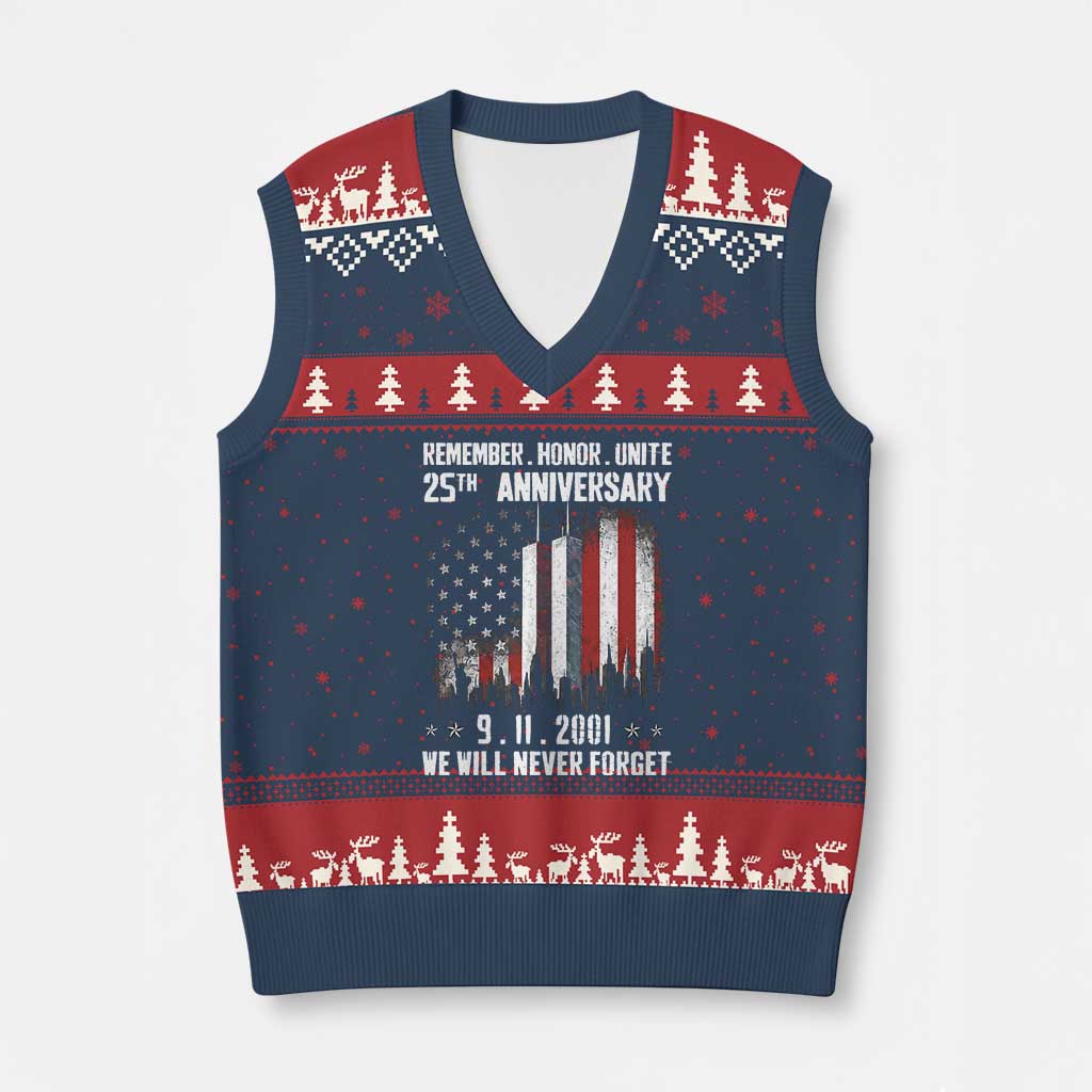 Remember Honor Unite 9 11 Memorial 25th Anniversary V-Neck Knit Sweater Vest We Will Never Forget Patriotic American Flag