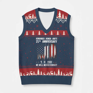 Remember Honor Unite 9 11 Memorial 25th Anniversary V-Neck Knit Sweater Vest We Will Never Forget Patriotic American Flag