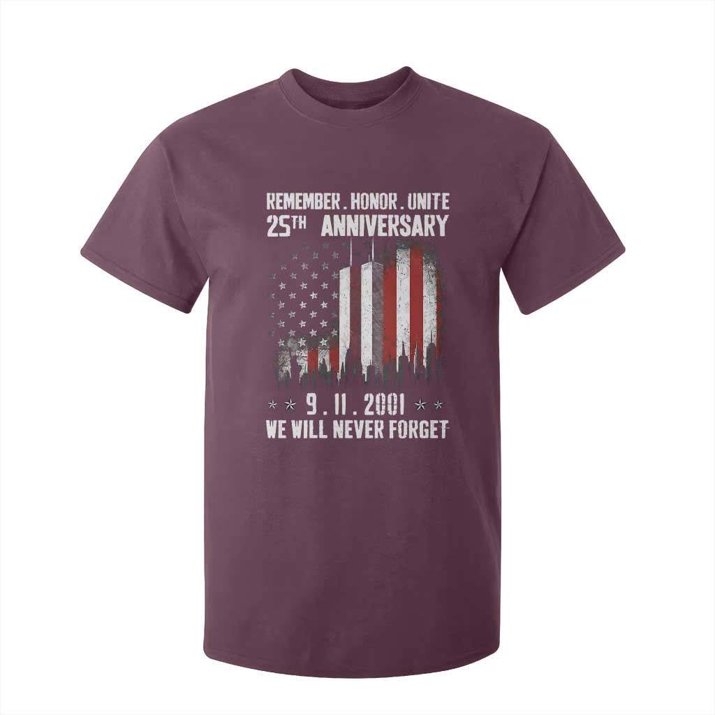 Remember Honor Unite 9 11 Memorial 25th Anniversary T Shirt For Kid We Will Never Forget Patriotic American Flag
