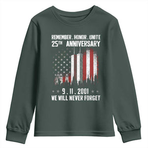 Remember Honor Unite 9 11 Memorial 25th Anniversary Youth Sweatshirt We Will Never Forget Patriotic American Flag