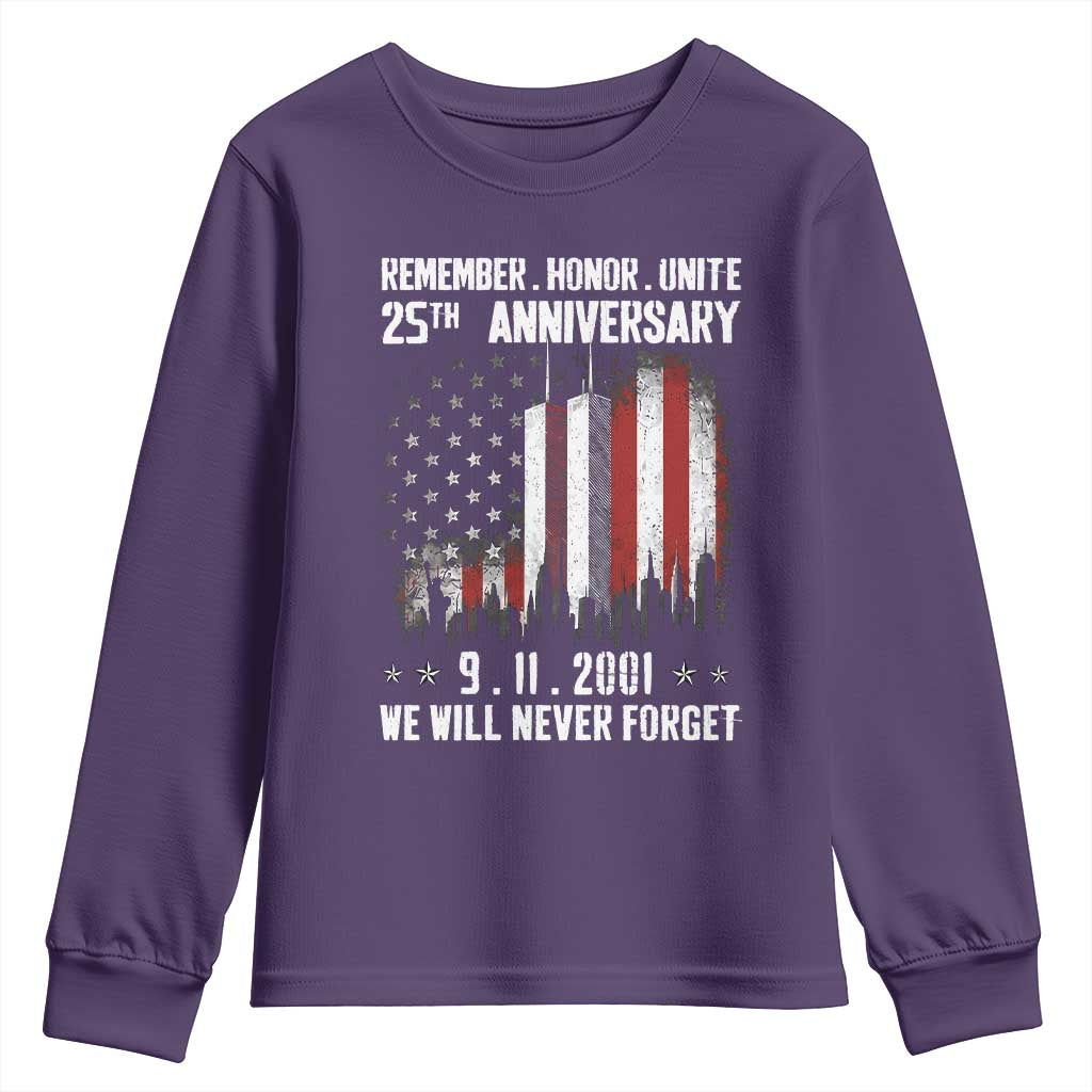 Remember Honor Unite 9 11 Memorial 25th Anniversary Youth Sweatshirt We Will Never Forget Patriotic American Flag