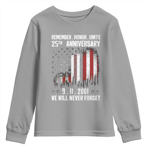 Remember Honor Unite 9 11 Memorial 25th Anniversary Youth Sweatshirt We Will Never Forget Patriotic American Flag