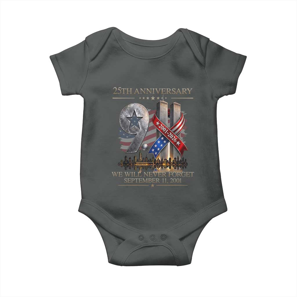 We Will Never Forget 9 11 Memorial 25th Anniversary Baby Onesie Patriotic American Flag Ribbon