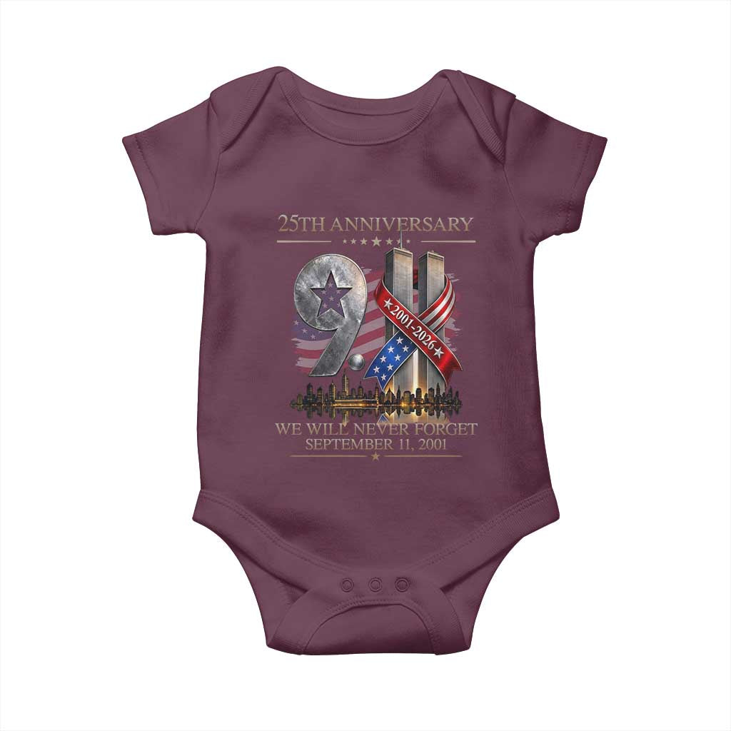 We Will Never Forget 9 11 Memorial 25th Anniversary Baby Onesie Patriotic American Flag Ribbon