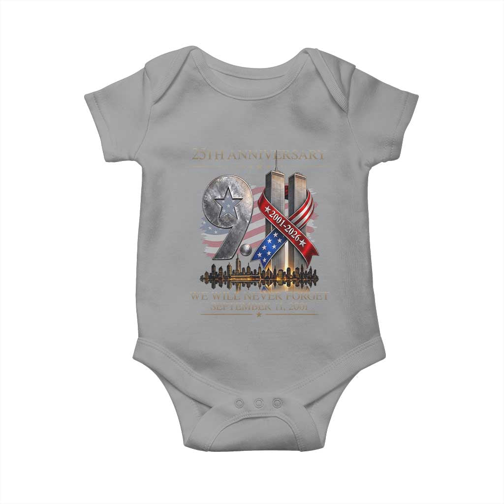 We Will Never Forget 9 11 Memorial 25th Anniversary Baby Onesie Patriotic American Flag Ribbon