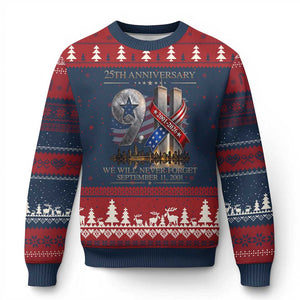 We Will Never Forget 9 11 Memorial 25th Anniversary Ugly Christmas Sweater Patriotic American Flag Ribbon