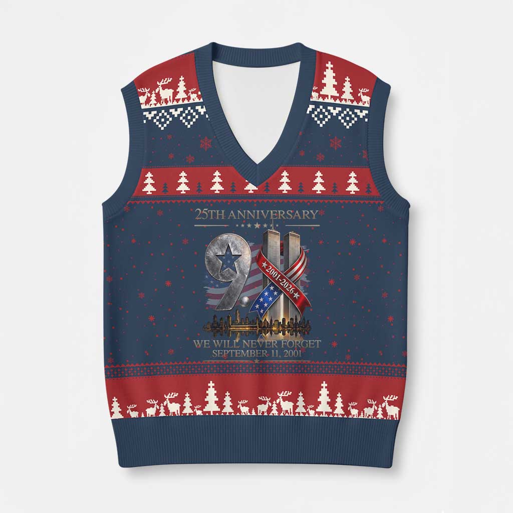 We Will Never Forget 9 11 Memorial 25th Anniversary V-Neck Knit Sweater Vest Patriotic American Flag Ribbon
