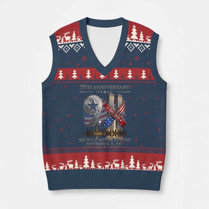 We Will Never Forget 9 11 Memorial 25th Anniversary V-Neck Knit Sweater Vest Patriotic American Flag Ribbon