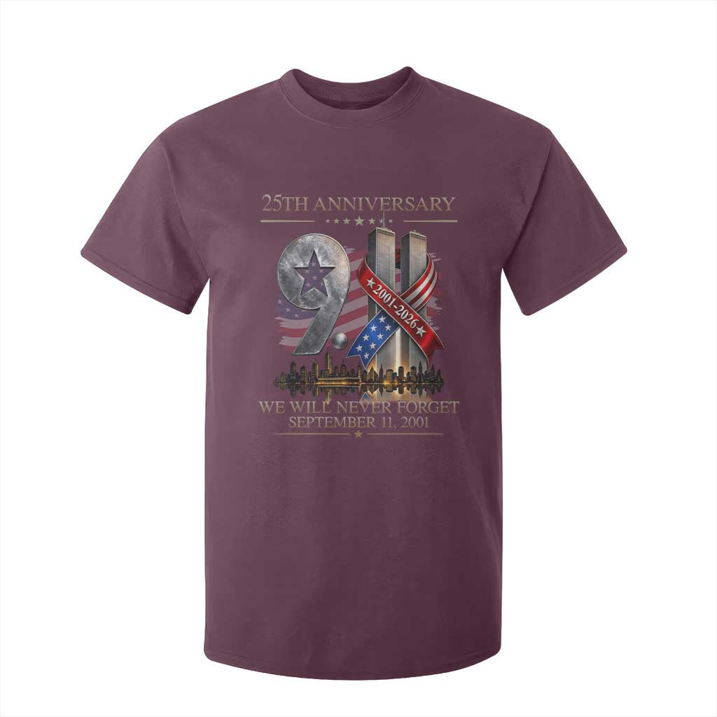 We Will Never Forget 9 11 Memorial 25th Anniversary T Shirt For Kid Patriotic American Flag Ribbon