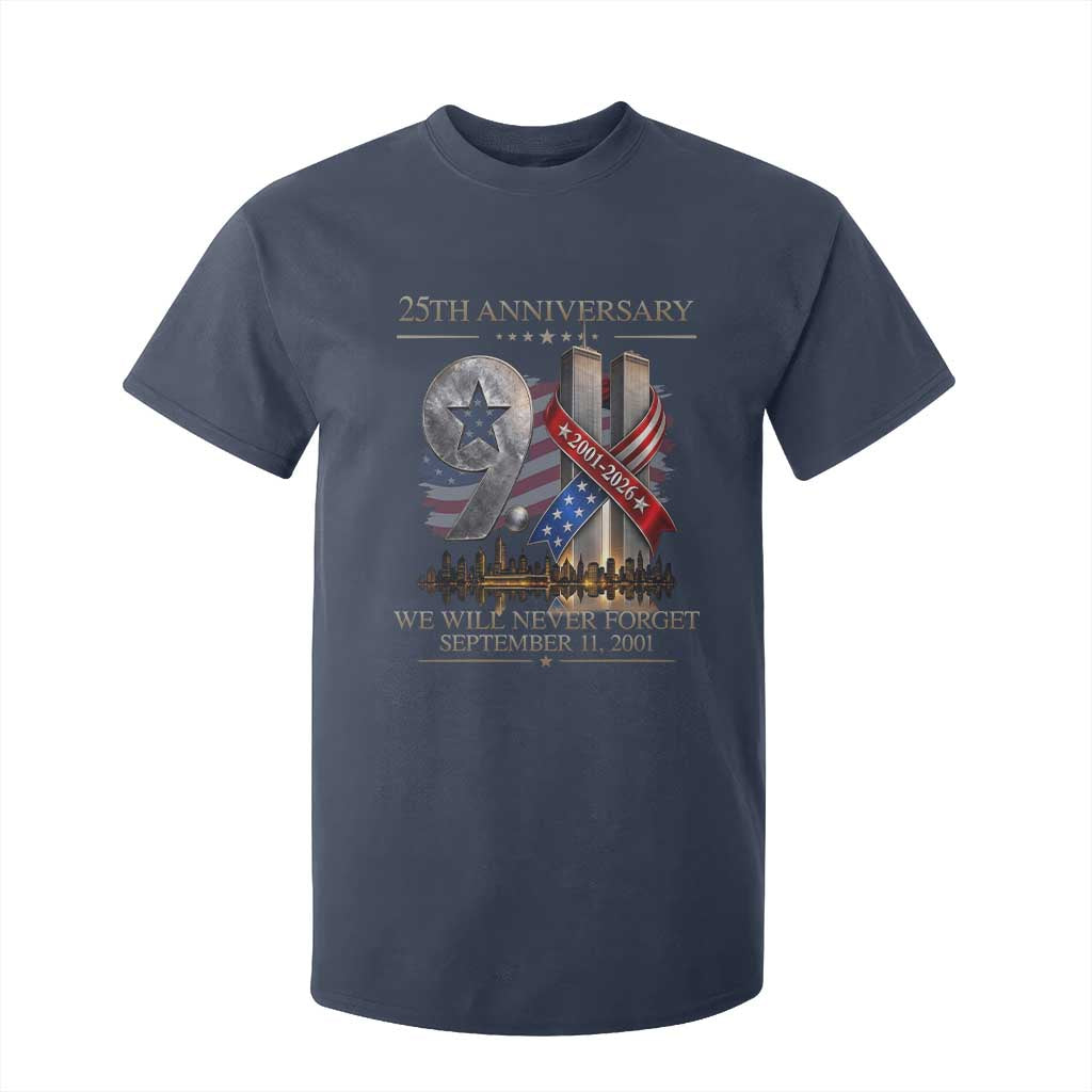 We Will Never Forget 9 11 Memorial 25th Anniversary T Shirt For Kid Patriotic American Flag Ribbon