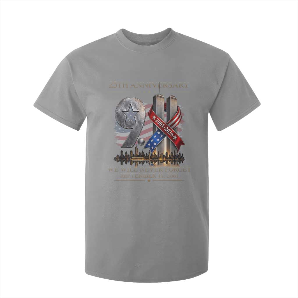 We Will Never Forget 9 11 Memorial 25th Anniversary T Shirt For Kid Patriotic American Flag Ribbon