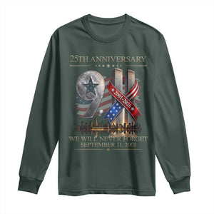 We Will Never Forget 9 11 Memorial 25th Anniversary Long Sleeve Shirt Patriotic American Flag Ribbon