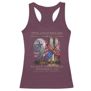We Will Never Forget 9 11 Memorial 25th Anniversary Racerback Tank Top Patriotic American Flag Ribbon