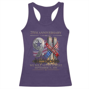 We Will Never Forget 9 11 Memorial 25th Anniversary Racerback Tank Top Patriotic American Flag Ribbon