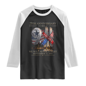 We Will Never Forget 9 11 Memorial 25th Anniversary Raglan Shirt Patriotic American Flag Ribbon