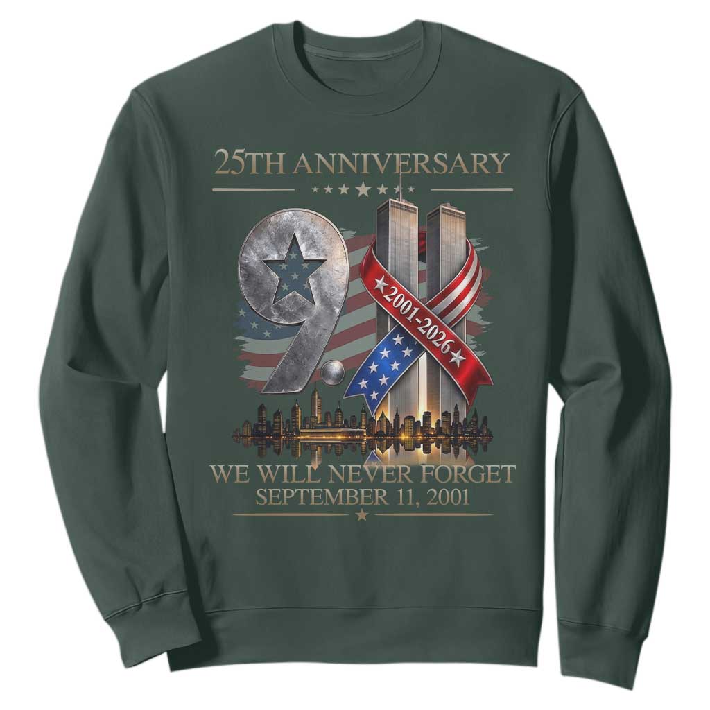 We Will Never Forget 9 11 Memorial 25th Anniversary Sweatshirt Patriotic American Flag Ribbon