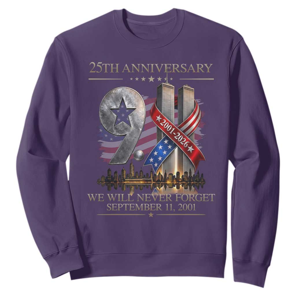 We Will Never Forget 9 11 Memorial 25th Anniversary Sweatshirt Patriotic American Flag Ribbon
