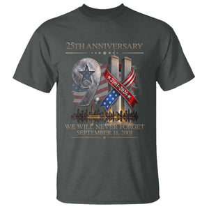We Will Never Forget 9 11 Memorial 25th Anniversary T Shirt Patriotic American Flag Ribbon