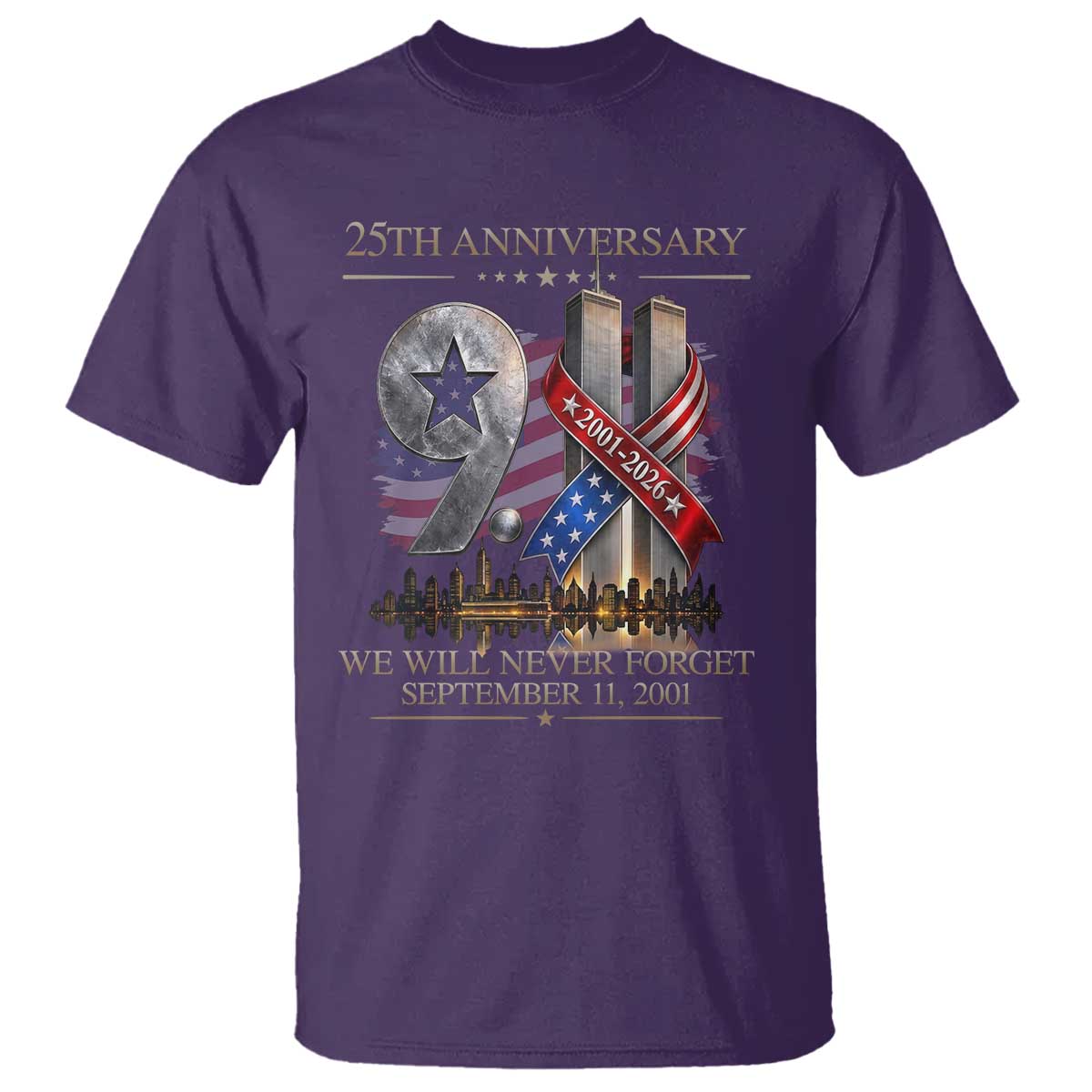 We Will Never Forget 9 11 Memorial 25th Anniversary T Shirt Patriotic American Flag Ribbon