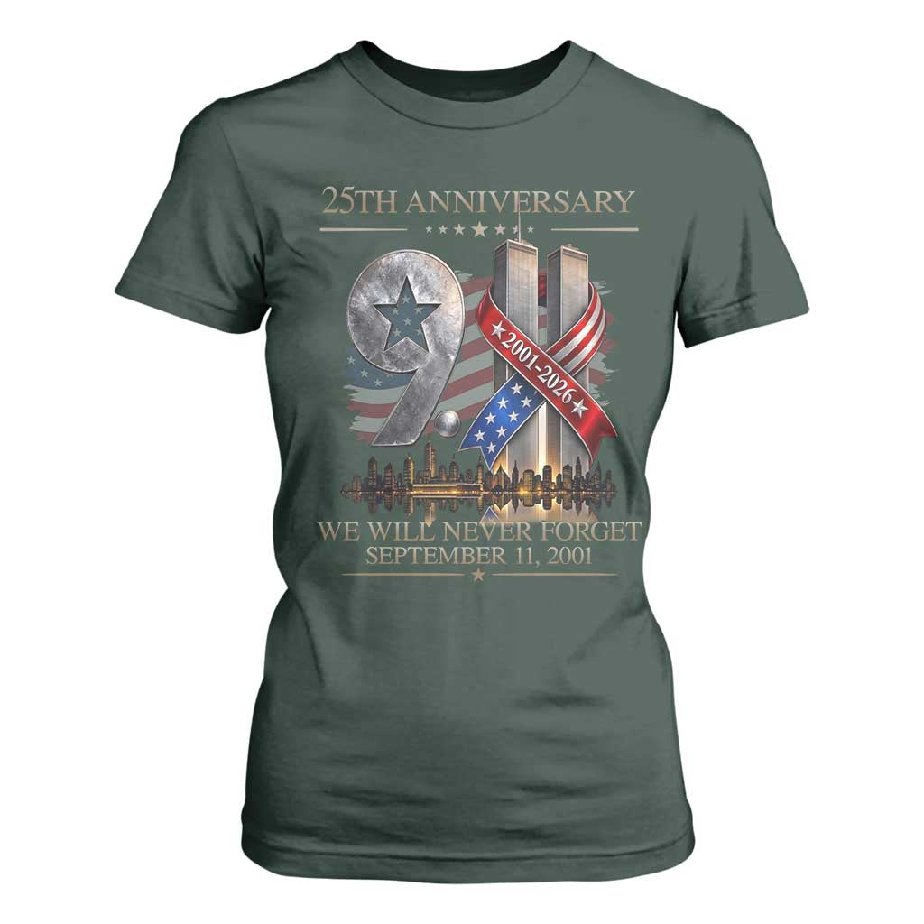 We Will Never Forget 9 11 Memorial 25th Anniversary T Shirt For Women Patriotic American Flag Ribbon