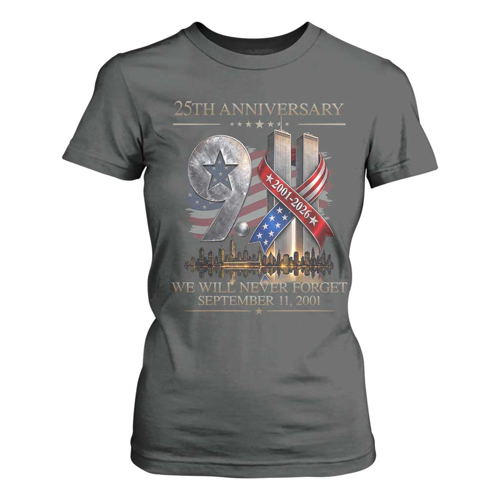 We Will Never Forget 9 11 Memorial 25th Anniversary T Shirt For Women Patriotic American Flag Ribbon