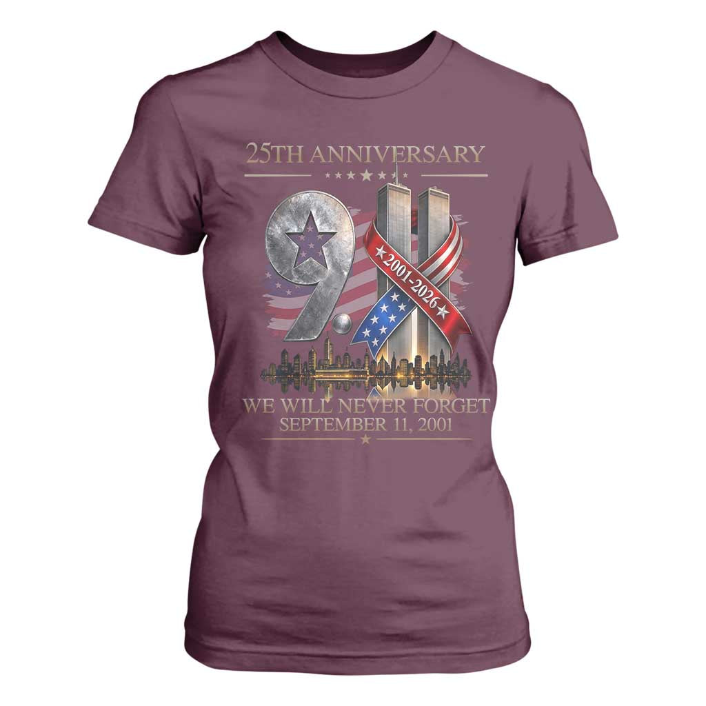 We Will Never Forget 9 11 Memorial 25th Anniversary T Shirt For Women Patriotic American Flag Ribbon