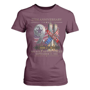 We Will Never Forget 9 11 Memorial 25th Anniversary T Shirt For Women Patriotic American Flag Ribbon
