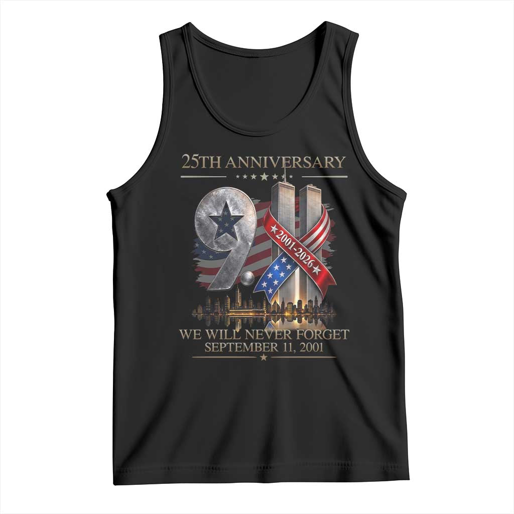 We Will Never Forget 9 11 Memorial 25th Anniversary Tank Top Patriotic American Flag Ribbon