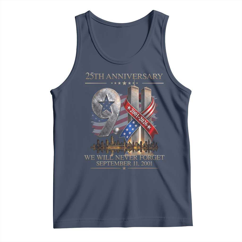 We Will Never Forget 9 11 Memorial 25th Anniversary Tank Top Patriotic American Flag Ribbon
