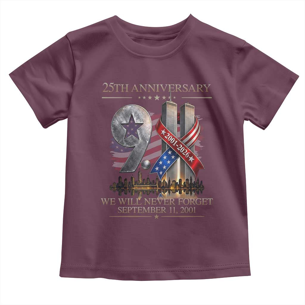 We Will Never Forget 9 11 Memorial 25th Anniversary Toddler T Shirt Patriotic American Flag Ribbon