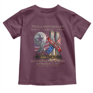 We Will Never Forget 9 11 Memorial 25th Anniversary Toddler T Shirt Patriotic American Flag Ribbon