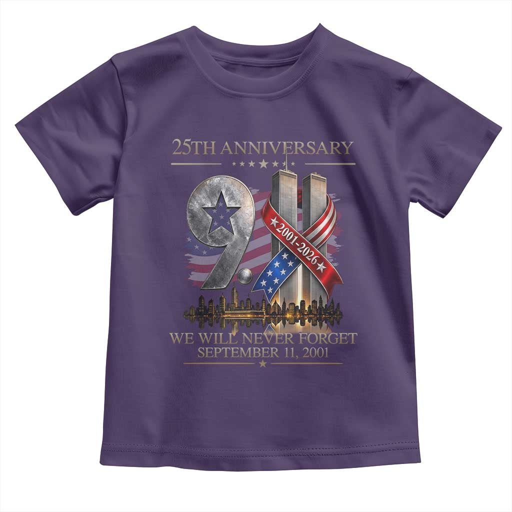 We Will Never Forget 9 11 Memorial 25th Anniversary Toddler T Shirt Patriotic American Flag Ribbon