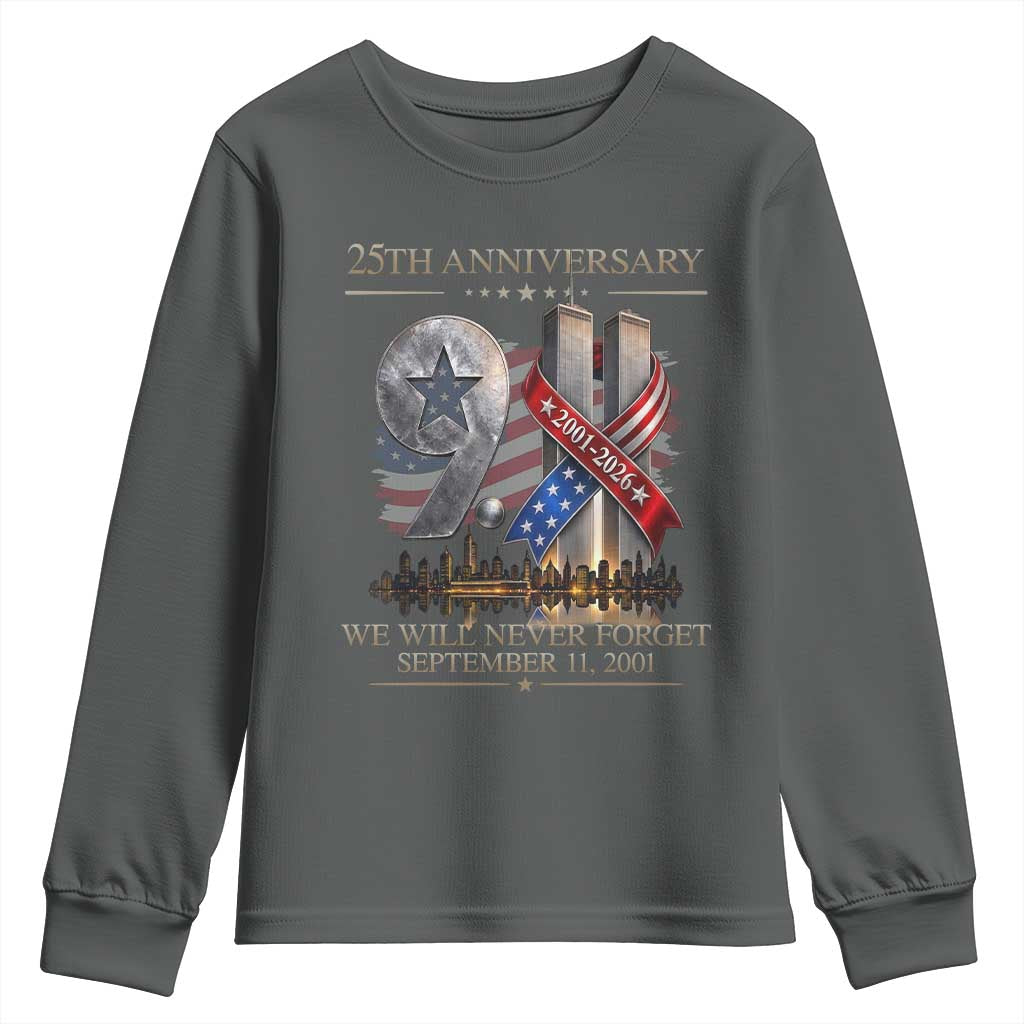 We Will Never Forget 9 11 Memorial 25th Anniversary Youth Sweatshirt Patriotic American Flag Ribbon