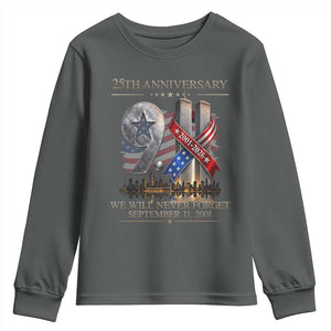 We Will Never Forget 9 11 Memorial 25th Anniversary Youth Sweatshirt Patriotic American Flag Ribbon