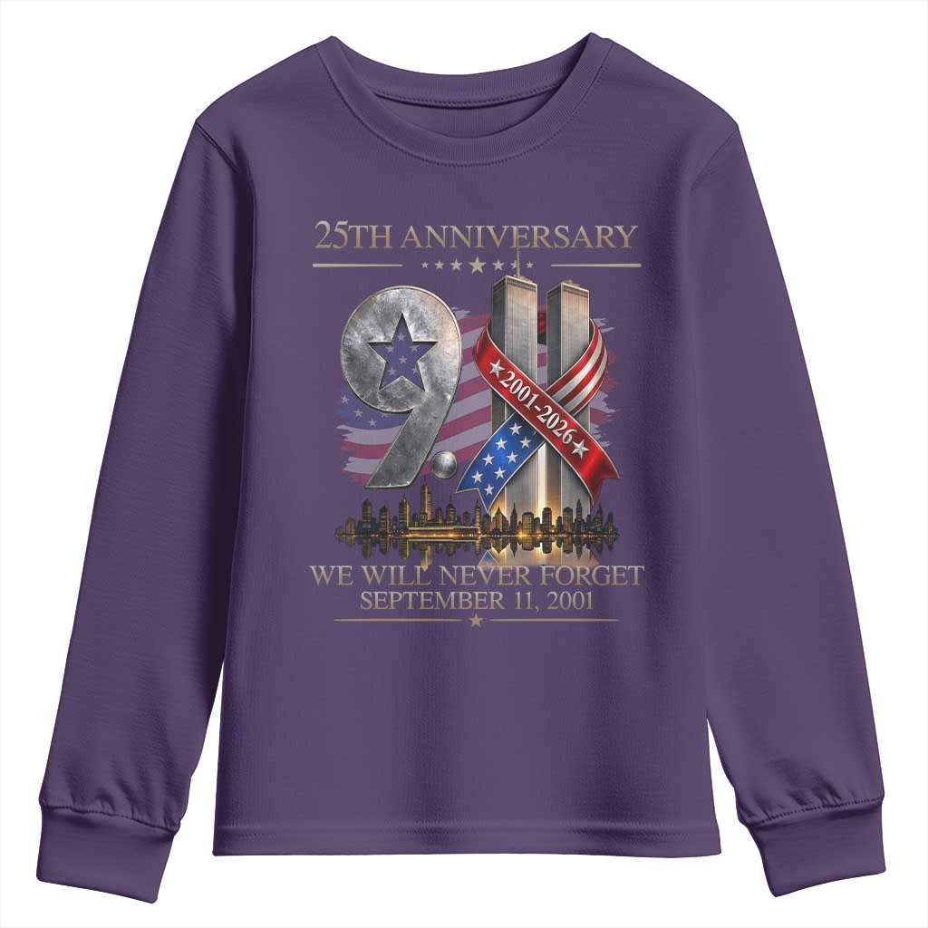 We Will Never Forget 9 11 Memorial 25th Anniversary Youth Sweatshirt Patriotic American Flag Ribbon