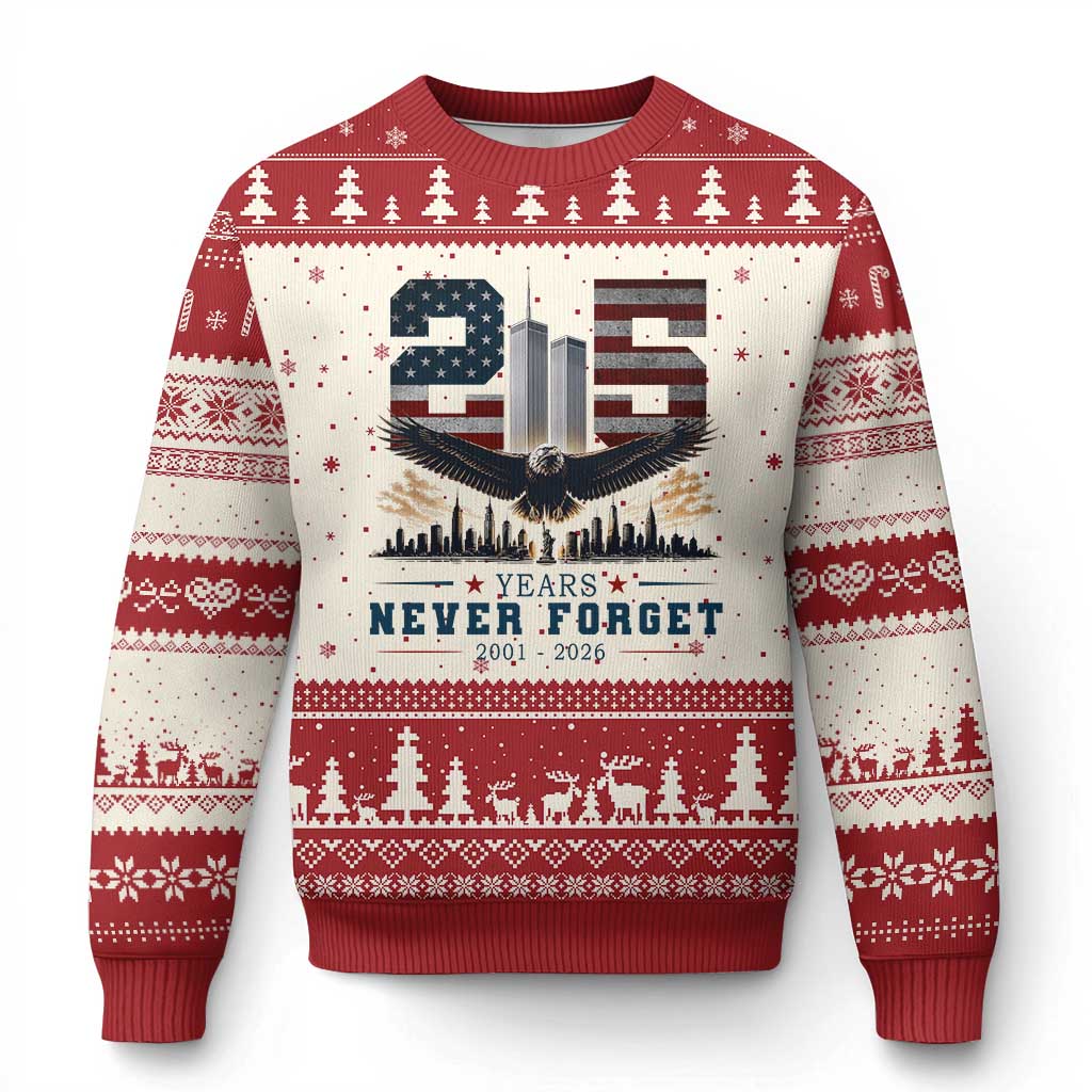 Patriotic Soaring Bald Eagle 9 11 Memorial 25th Anniversary Ugly Christmas Sweater 25 Years 2021 2026 Never Forget TS02 Beige Red Print Your Wear