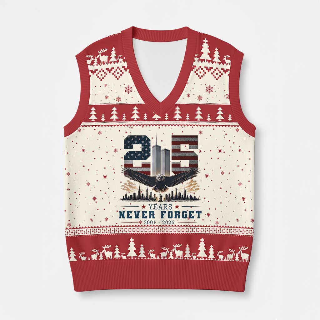 Patriotic Soaring Bald Eagle 9 11 Memorial 25th Anniversary V-Neck Knit Sweater Vest 25 Years 2021 2026 Never Forget
