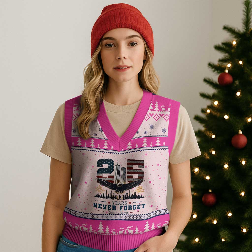 Patriotic Soaring Bald Eagle 9 11 Memorial 25th Anniversary V-Neck Knit Sweater Vest 25 Years 2021 2026 Never Forget