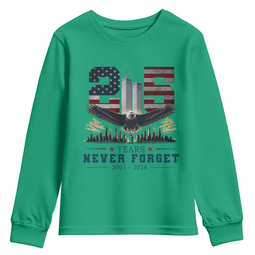 Patriotic Soaring Bald Eagle 9 11 Memorial 25th Anniversary Youth Sweatshirt 25 Years 2021 2026 Never Forget