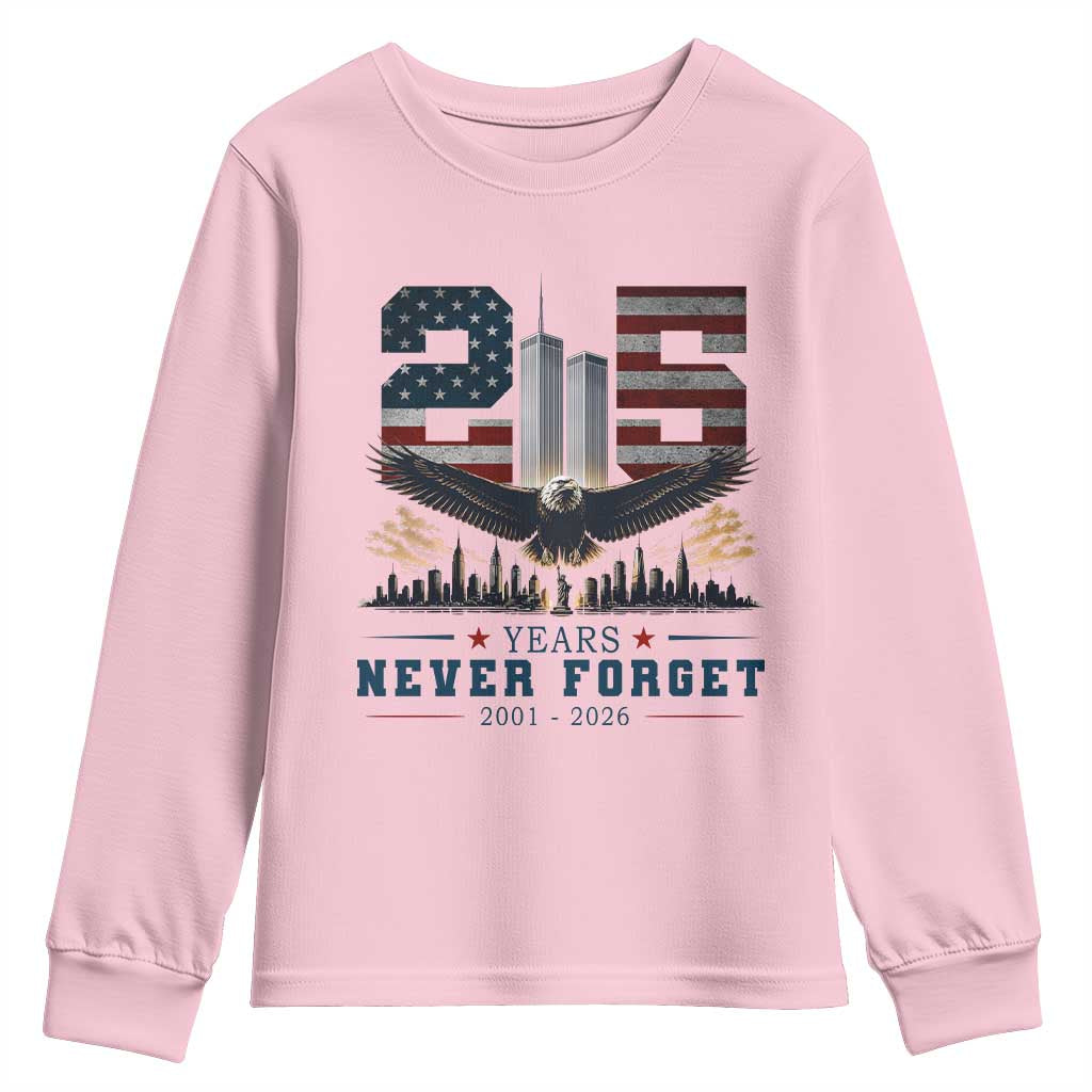 Patriotic Soaring Bald Eagle 9 11 Memorial 25th Anniversary Youth Sweatshirt 25 Years 2021 2026 Never Forget